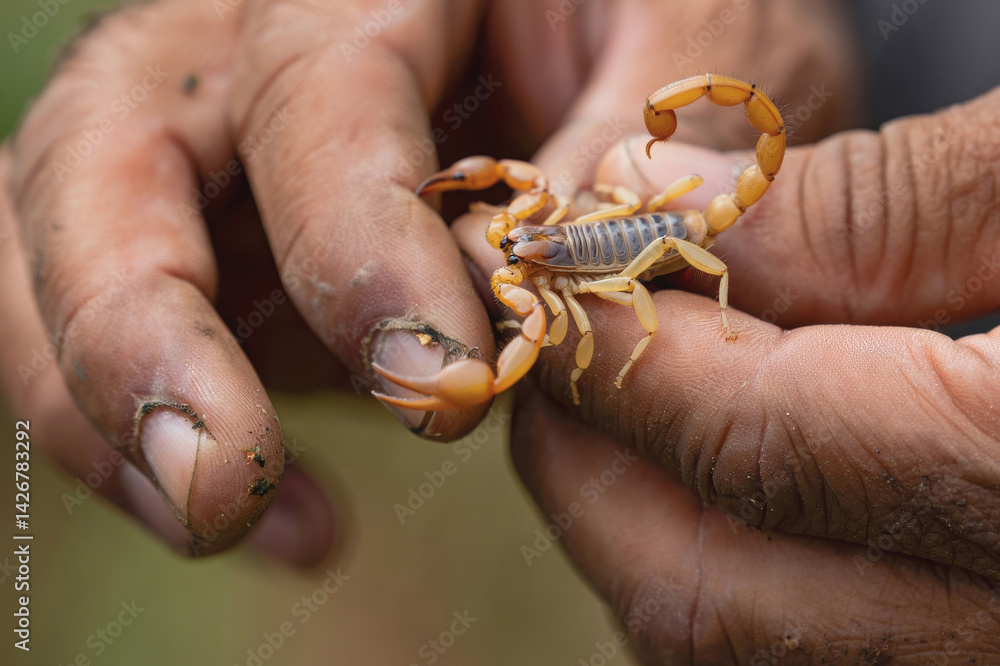 Obraz premium Experienced keeper demonstrating a live scorpion, focusing on wildlife interaction. Generative AI
