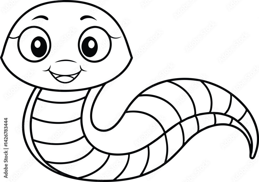 Fototapeta premium Cartoon Snake Line Art Drawing with Smiling Expression on a Transparent Background