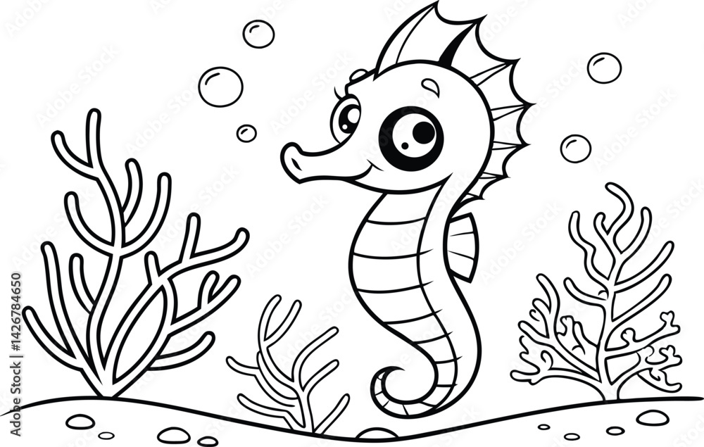 Fototapeta premium Cartoon Seahorse with Seaweed and Bubbles Outlined in Black on White