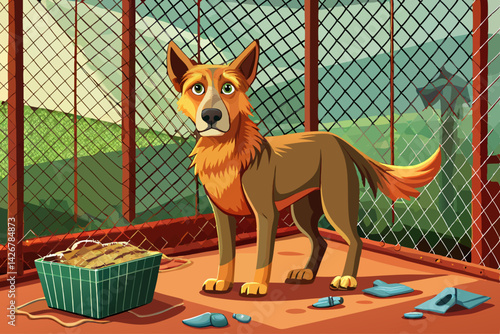 vector of Stray dog ​​locked in rusty cage in animal shelter, looks sad and hungry, left behind old net, waiting for shelter care and rescue...