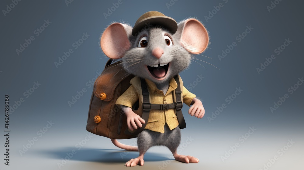Fototapeta premium Smiling cartoon mouse backpacker, studio shot, light gray background, adventure concept