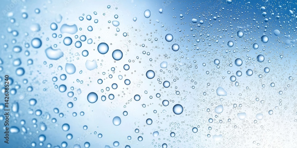Close-up of water droplets creating an artistic display on blue. Close-up of water droplets creating an artistic display on blue.