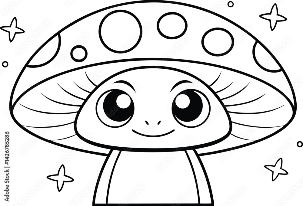Obraz premium Outlined whimsical mushroom character with dots and stars on transparent background