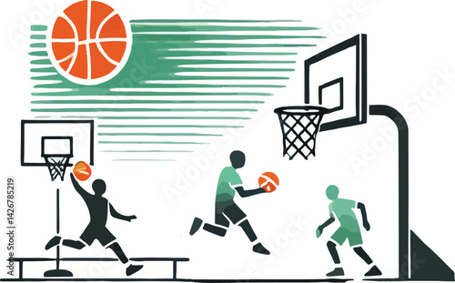 Basketball player with ball , a basketball camp the design features two players in action one dribbling the ball and the other dunking it