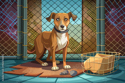 vector of Stray dog ​​locked in rusty cage in animal shelter, looks sad and hungry, left behind old net, waiting for shelter care and rescue...