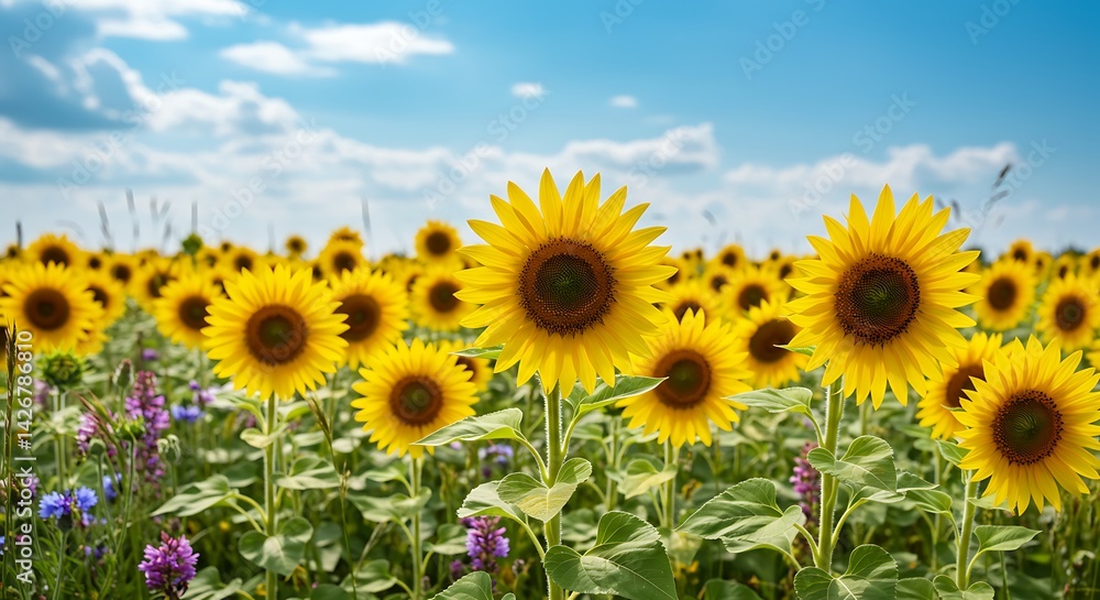 Fototapeta premium Blooming Sunflower Field Under Blue Sky on a Sunny Day