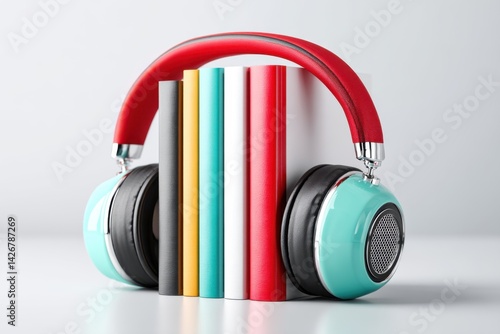 Audiobooks: Listening to Books with Headphones and Colorful Books
