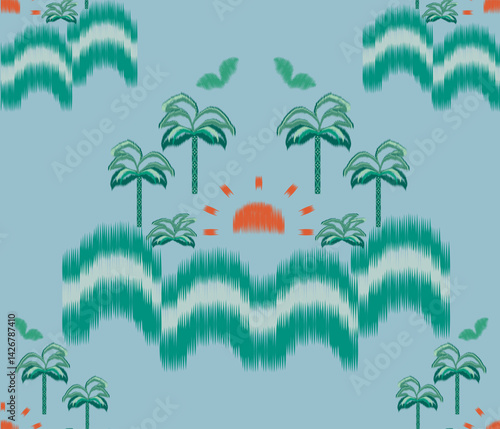 Tropical Ikat Pattern with Sunset, Palm Trees, Ocean Waves. Ikat Seamless. Ikat Abstract palm tree. Abstract Summer. Springtime. Boho Vintage Palm Tree Seamless Pattern. Bohemian Textile Design