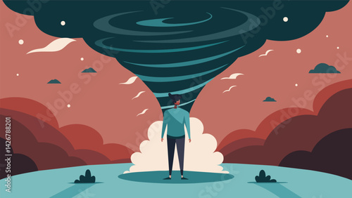 A person standing in a tornado but with their calm and focused mind acting as the eye of the storm demonstrating the ability to find stillness and. Vector illustration