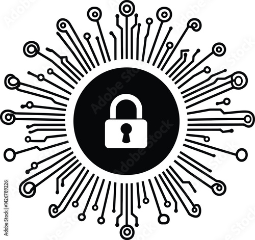 Black and white vector illustration of a secure digital network icon featuring a padlock at the center, surrounded by radiating electronic circuits, symbolizing cybersecurity, data protection