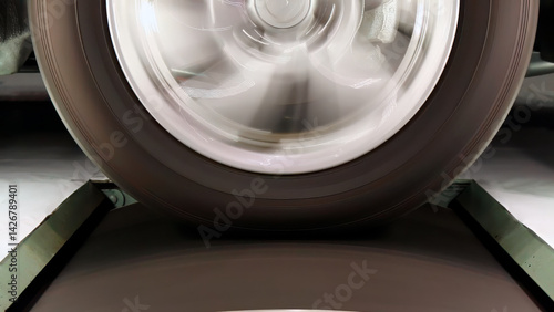 Wallpaper Mural Close-up of spinning vehicle wheel with motion blur of rim and tire during high-speed testing. Measure energy and dynamics performance against rotational friction roller in lab Torontodigital.ca
