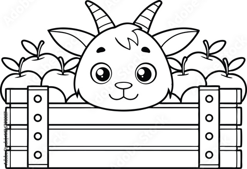 Smiling goat with apples in a wooden crate outlined in black on white background