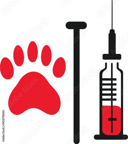 Black and white vector illustration of a veterinary syringe with a red paw print, symbolizing pet medical care, vaccinations, and animal health