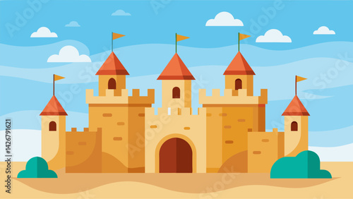 Intricate details are carefully crafted onto the sandcastles from moats and drawbridges to windows and flags showcasing the incredible creativity of. Vector illustration