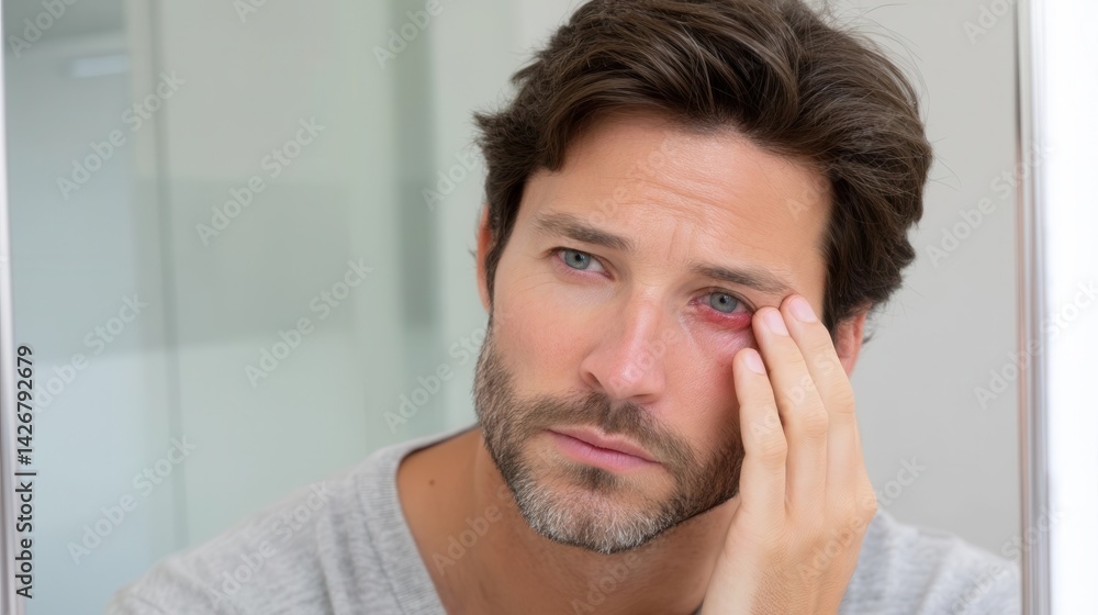 Man with bloodshot, irritated eye, touching face with worried expression, looking in mirror. Man with bloodshot, irritated eye, touching face with worried expression, looking in mirror.