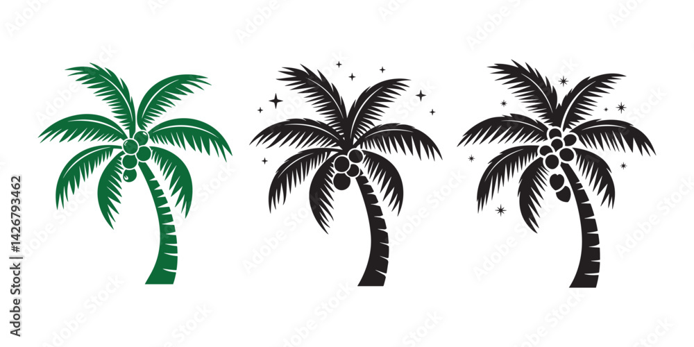 Obraz premium Coconut tree silhouette icon. Palm trees design elements set. Vector illustration eps 10