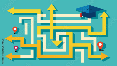 A maze with arrows pointing towards the finish line some marked college degree and others no degree highlighting the potential for higher education to. Vector illustration