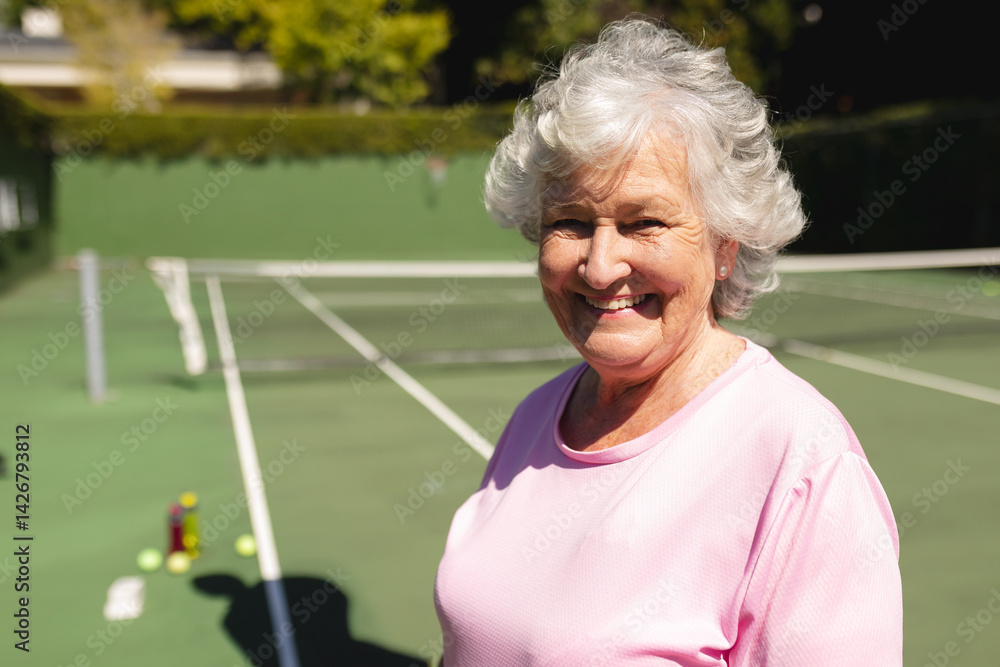 Senior woman posing on outdoor tennis court, with tennis balls, water bottle and net, copy space