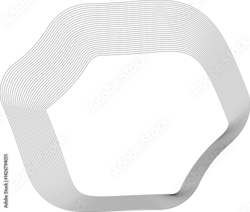 Polygonal shape with folded line layers generating a flowing form with curved intersections and an open interior.
