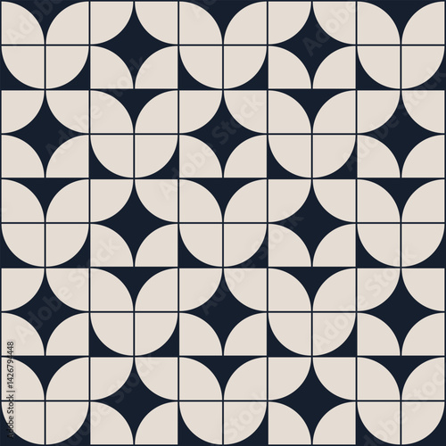 Mid century modern geometric pattern in navy blue and cream. Repeated and decorative design that can be used for packaging, decorating, interior design, wallpapers, and more.