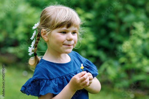 Obraz na płótnie Little preschool girl with braids and daisy flowers in long blond hairs. Close-up of toddler child. Summer concept. Children outdoors with daisies flower. Playing he loves me. w salonie