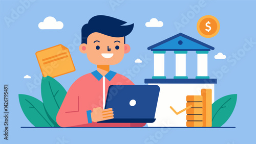 A student scrolls through their bank account beaming with joy as they see the balance of their student loans hit zero.. Vector illustration