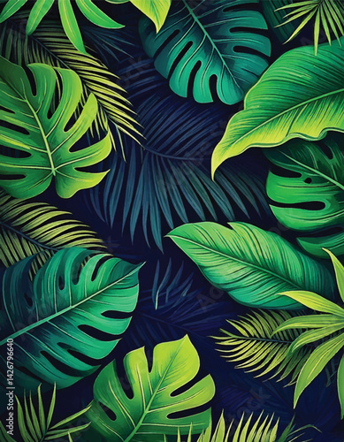 Tropical green leaves background, lush foliage pattern, nature decor. Exotic plants and leaves pattern for tropical nature background design. Close-up of vibrant green leaves, modern tropical leaf