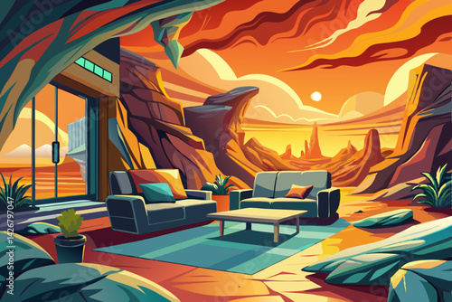 Living room interior Hi tech home in nature illustration at sunset time, vector illustration modern future villa