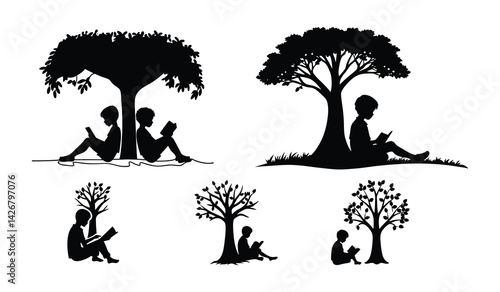 Silhouette of Boy Reading Book Under Tree - Peaceful Nature Scene