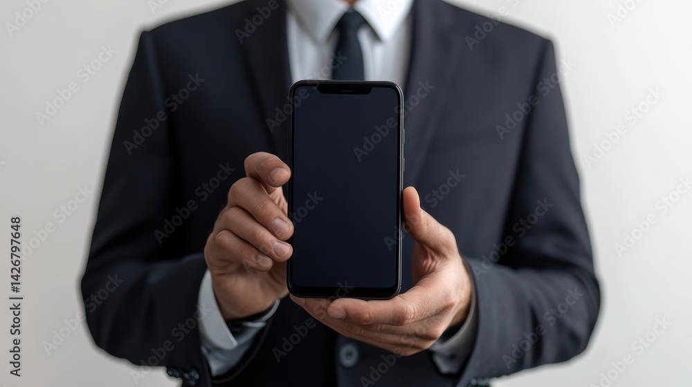 Man in suit holding smartphone in office, isolated on white background Man in suit holding smartphone in office, isolated on white background