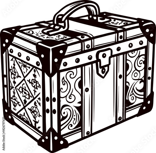Ornate vintage treasure chest with decorative patterns and sturdy handle.