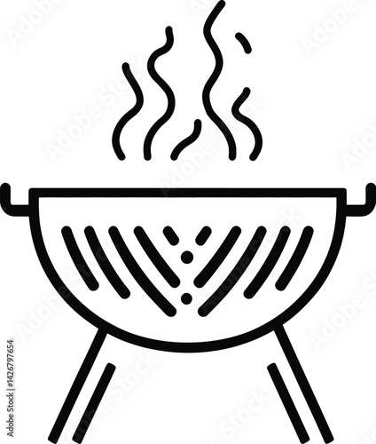 Classic black charcoal barbecue grill with steam rising from the grate, outdoor cooking equipment for summer grilling and backyard BBQs