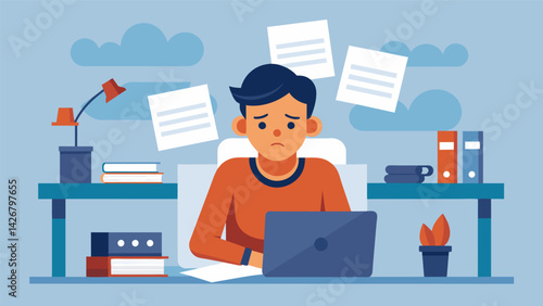 A parent sits at a desk surrounded by cled rejected loan applications highlighting the challenges and frustrations they may face in finding a suitable. Vector illustration