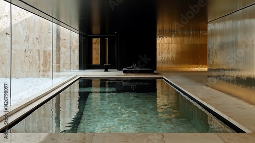 Modern minimalist indoor swimming pool design in light stone and metal accents, tranquil and elegant atmosphere