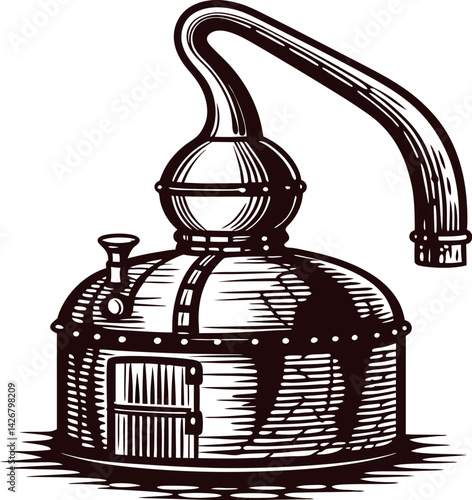 Vintage distillation apparatus for crafting spirits in rustic setting