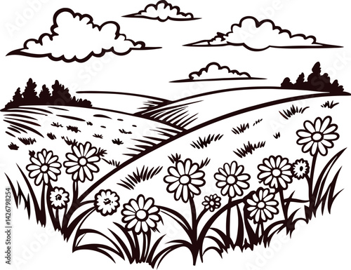 Scenic countryside landscape with rolling hills and wildflowers under a cloudy sky.