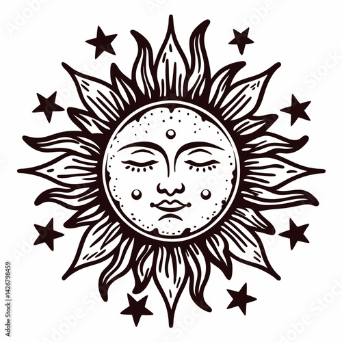 Artistic of a radiant sun with a face and surrounding stars in black and white