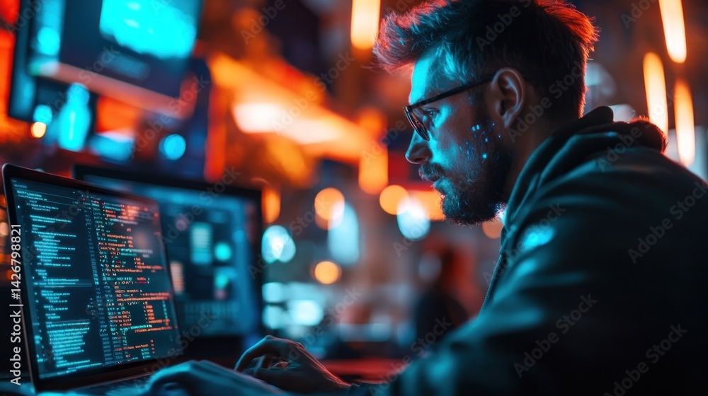 Obraz premium Man Coding on Laptop in Dark Room