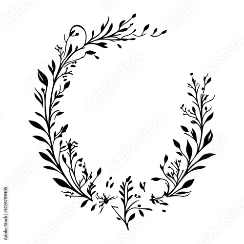Botanical Round Frame in Silhouette Illustration