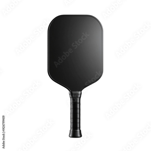 A simple black pickleball paddle with sleek modern edges, angled for visual impact, isolated on transparent background