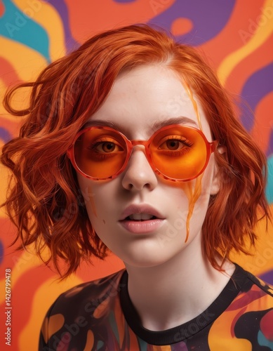 Wallpaper Mural Vibrant Portrait of a Woman with Fiery Red Hair and Orange Sunglasses Against a Psychedelic Background Torontodigital.ca