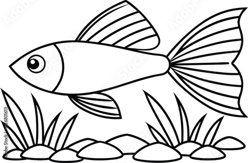 Fish Line Art with Seaweed and Rocks Isolated on White Background Aquarium