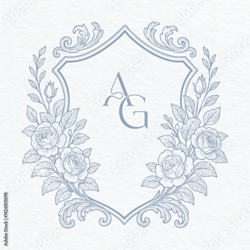 Vintage Rose Crest Flowers Wedding Monogram. Roses frame monogram.