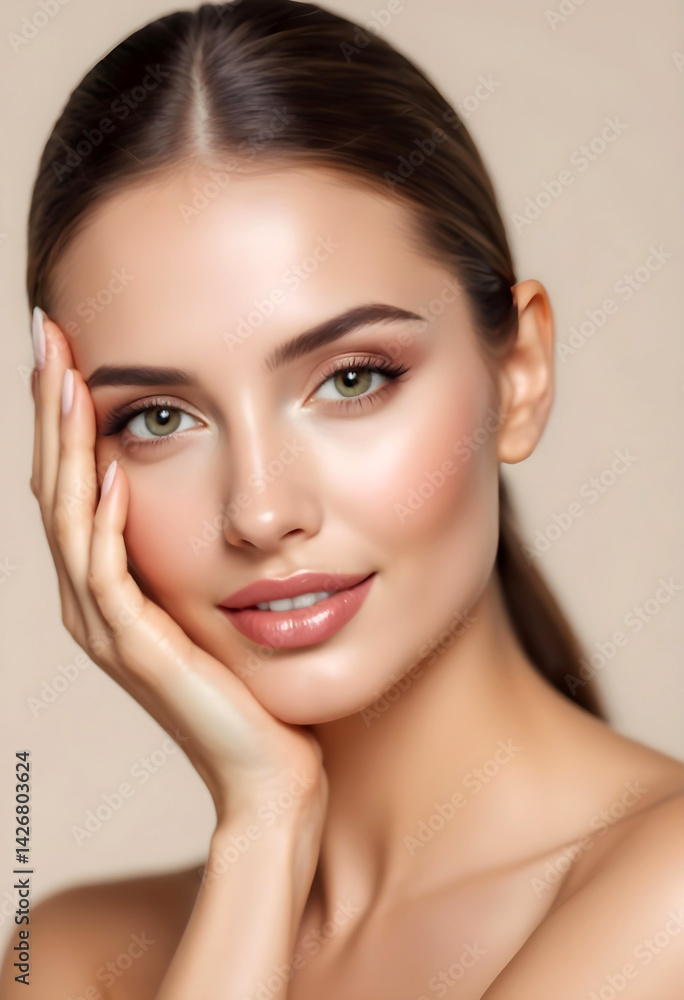 A happy model with glowing skin smiles gently in a skincare ad A happy model with glowing skin smiles gently in a skincare ad