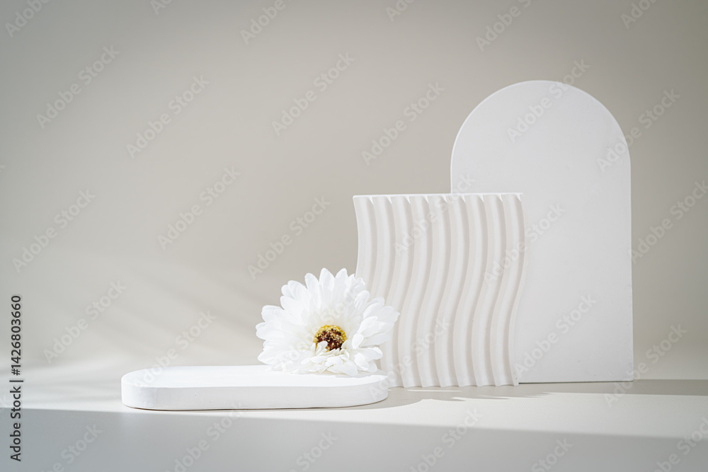 Cosmetic background for product presentation. White empty plaster podium with shadows on biege background
