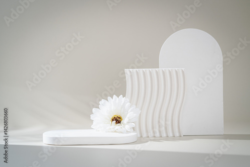 Obraz na płótnie Cosmetic background for product presentation. White empty plaster podium with shadows on biege background w salonie