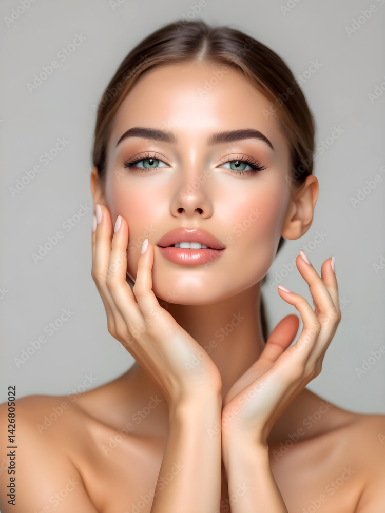 A confident Asian model with flawless complexion poses for a skincare brand A confident Asian model with flawless complexion poses for a skincare brand