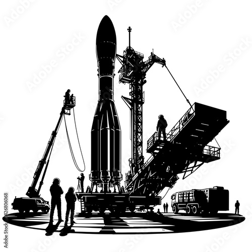 Rocket launch preparation with workers and machinery in silhouette  