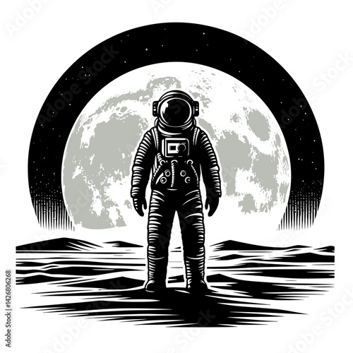 Astronaut standing on moon surface against full moon backdrop  