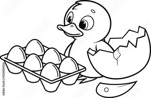 Cartoon hatched duckling peeking from cracked egg next to egg carton line art